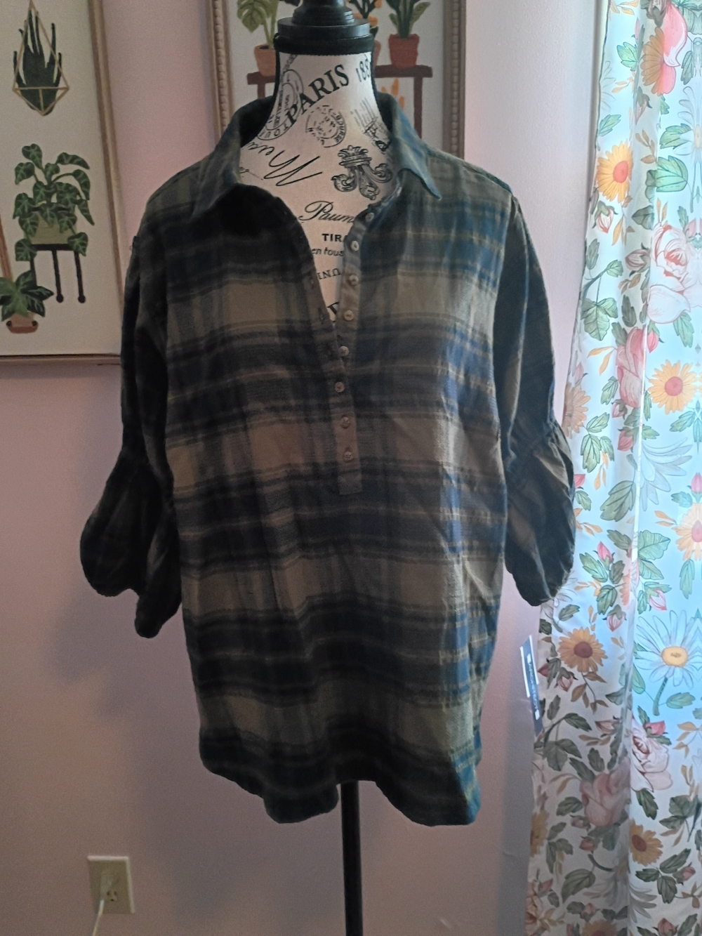 Plaid Button-Front Tunic in Olive and Navy